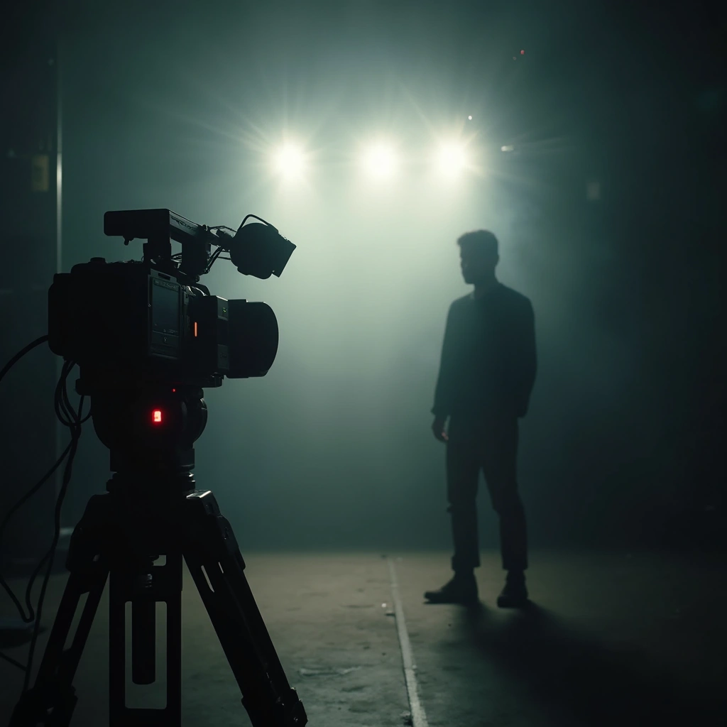 a cinematic opening scene representing a powerful video intro, a dramatic film set moment with a high-end camera rig …