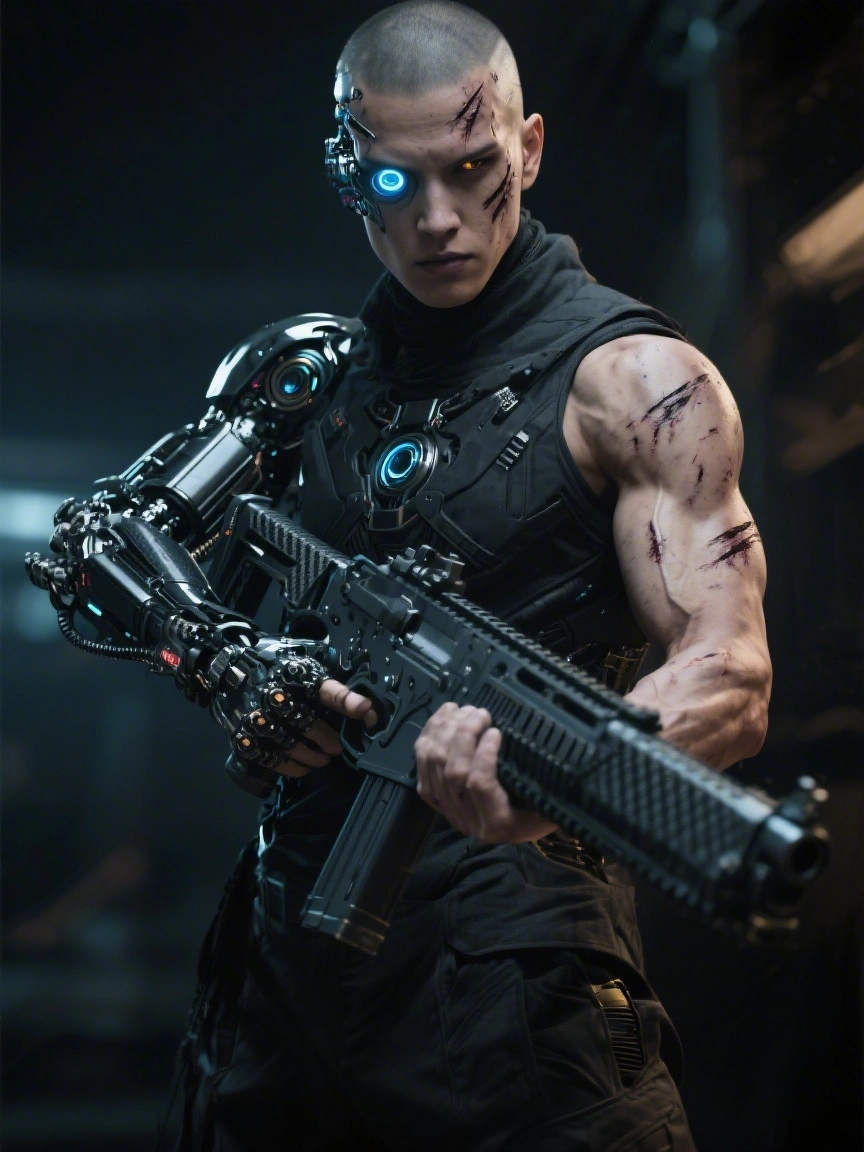 cyborg human with mechanical enhancements, gender-neutral, adult, muscular build, facial scars, cybernetic eye implan…