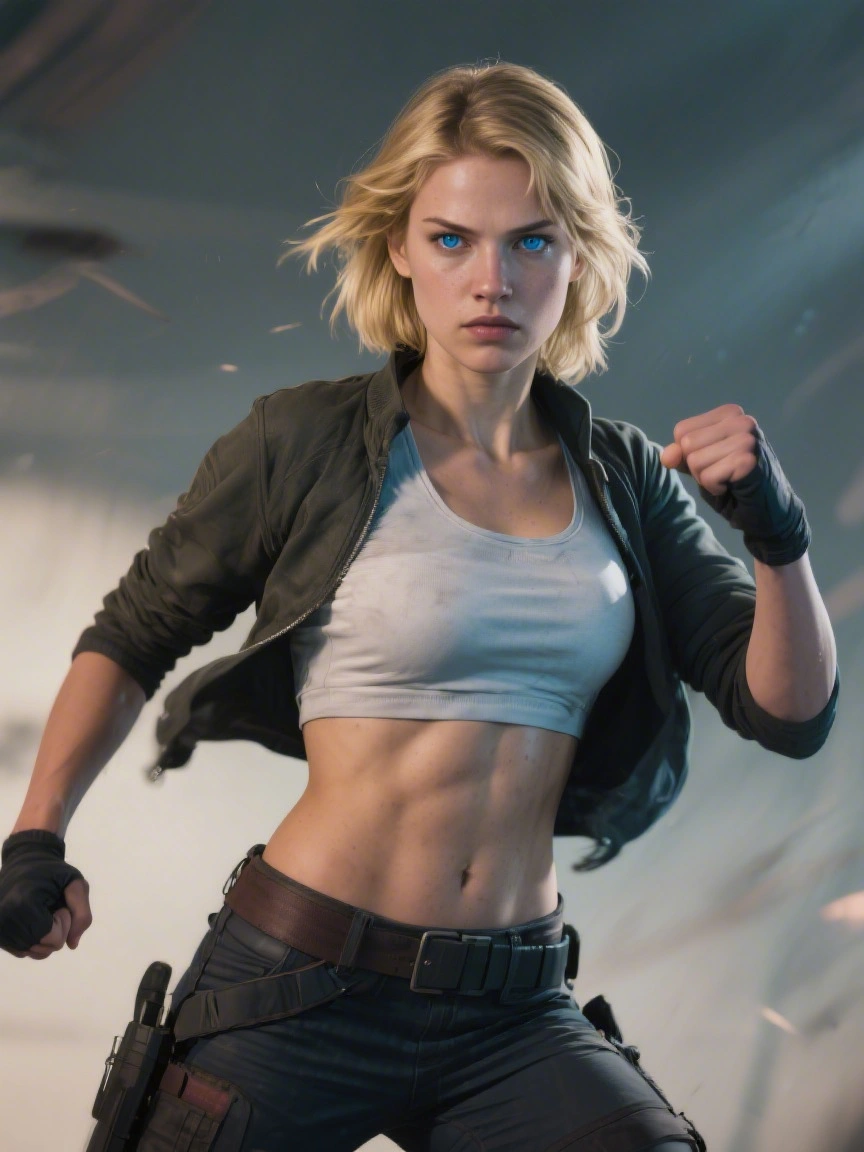 female character, young adult, caucasian, medium skin tone, sharp facial features, defined jawline, blue eyes, blonde…