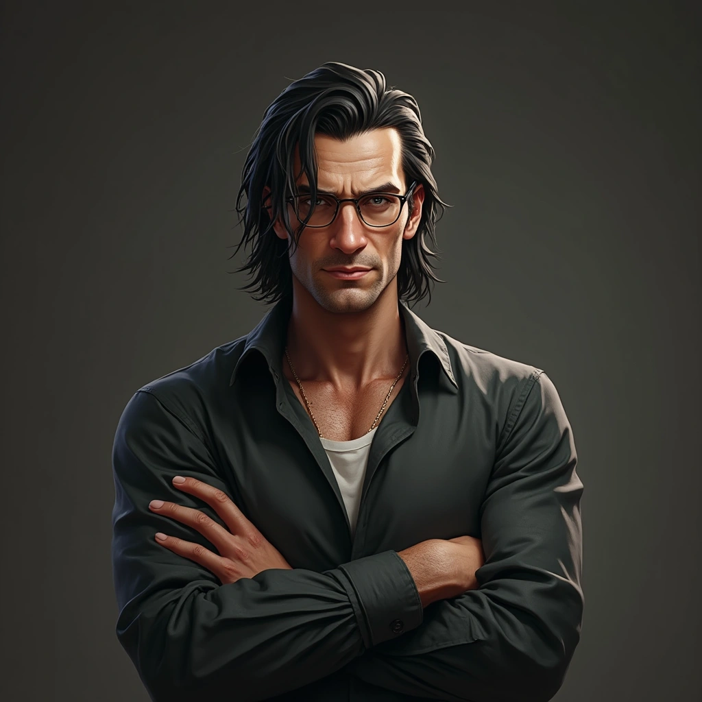 male character, elderly, latino, fair skin, sharp facial features, defined jawline, brown eyes, long dark hair, slim …
